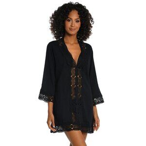La Blanca Island Fare V-neck Tunic Crochet Lace Swim Coverup Black Size XS